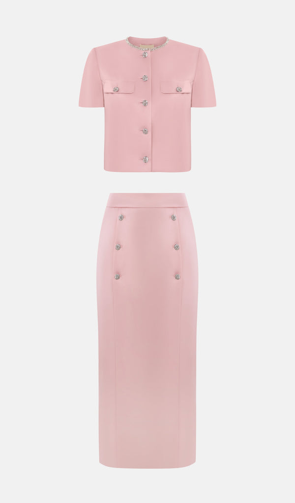 Short Sleeved Jacket & Straight Midi Skirt In Pink