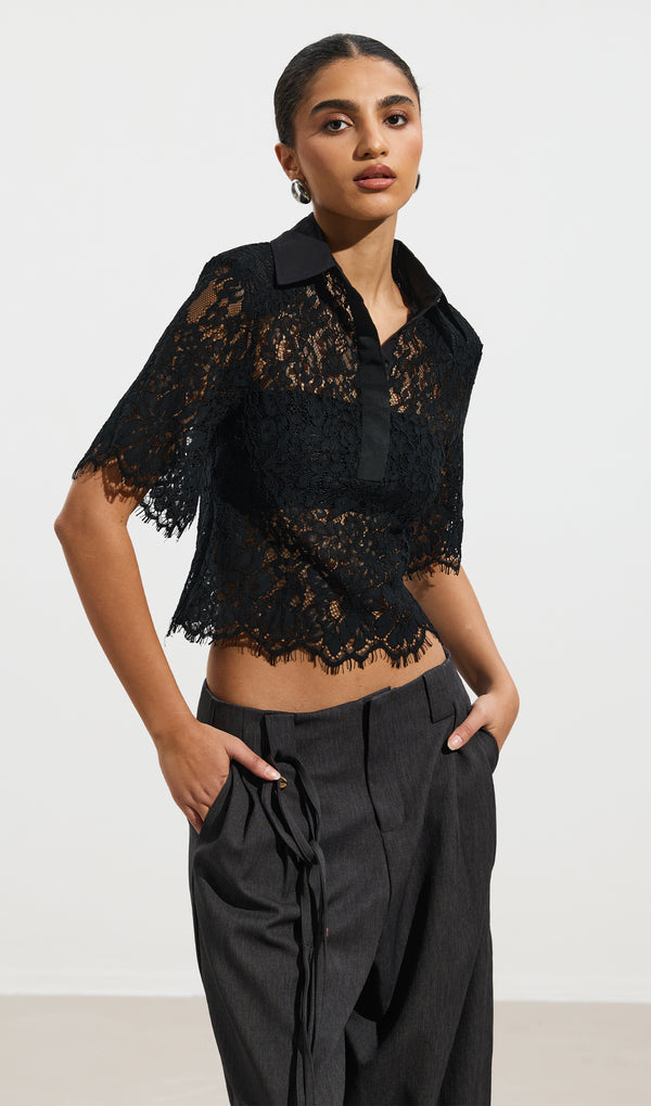 Short Sleeved Lace Sheer Top
