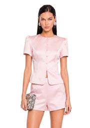 Short Sleeve Satin Top & Mini Short Set In Pink
