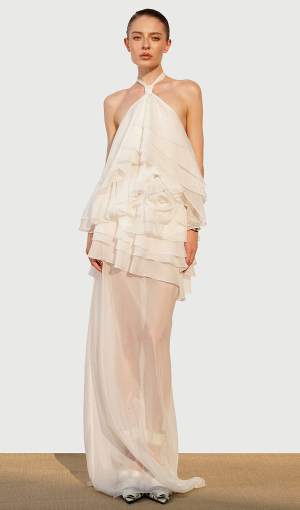 Silk Chiffon Ruffle Top & Midi Skirt Set