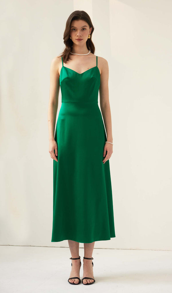 Silk Pearl Midi Dress-Green
