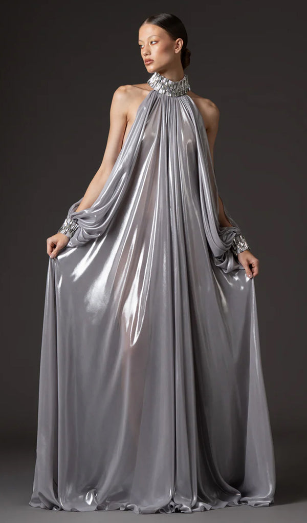 Silver Chiffon Lamé Maxi Dress With Halter Neck