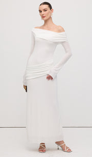 Single Jersey Knit  Draped Maxi Dress White