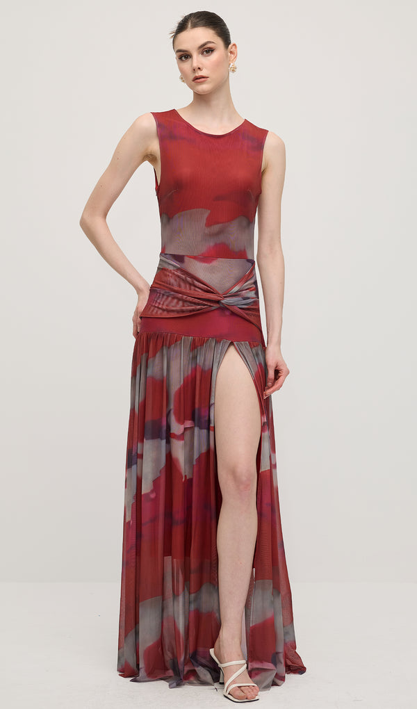 Sleeveless Abstract Floral Print Slip Maxi Dress