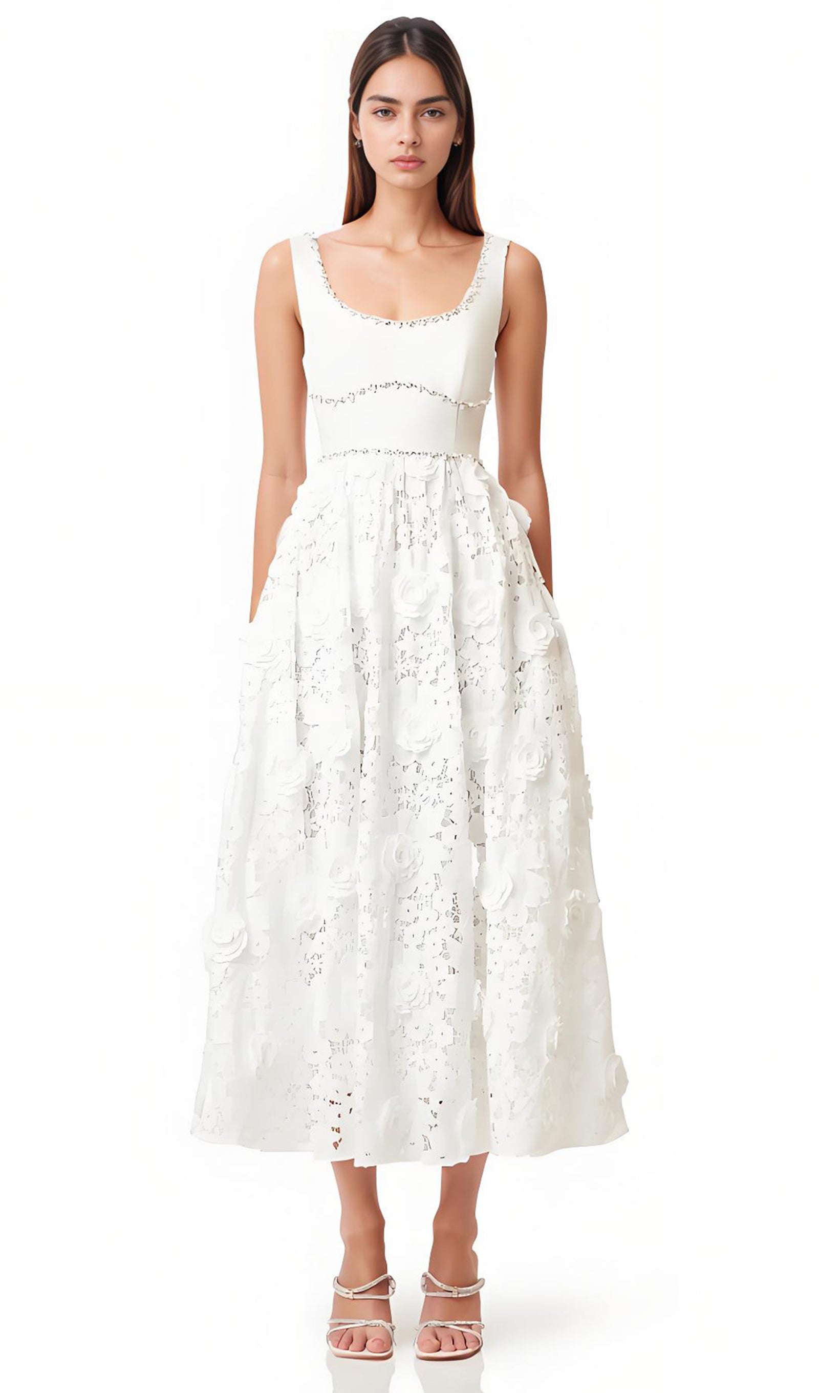 Sleeveless Embellished Lace Midi Dress