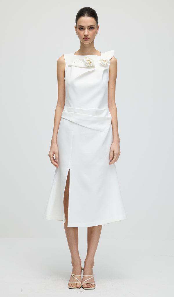 Sleeveless Flower Ruched Slit Midi Dress