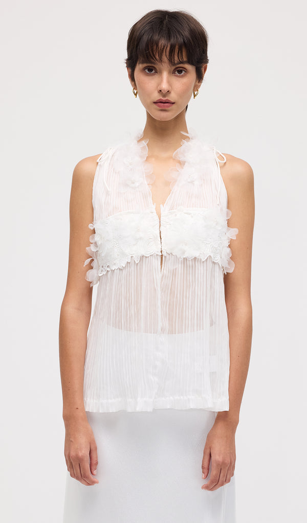 Sleeveless Pleated Embroidered Top