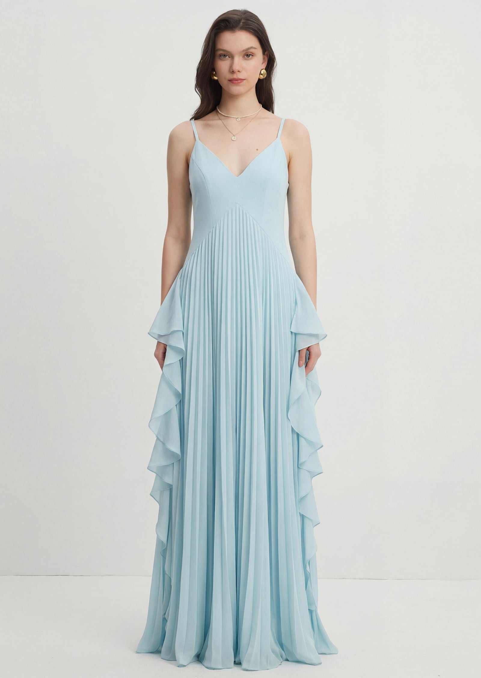 Sleeveless Pleated Ruffle Maxi Dress