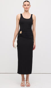 Sleeveless Pleats At Waist Midi Dress