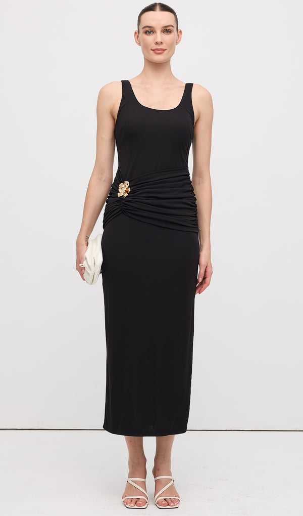 Sleeveless Pleats At Waist Midi Dress