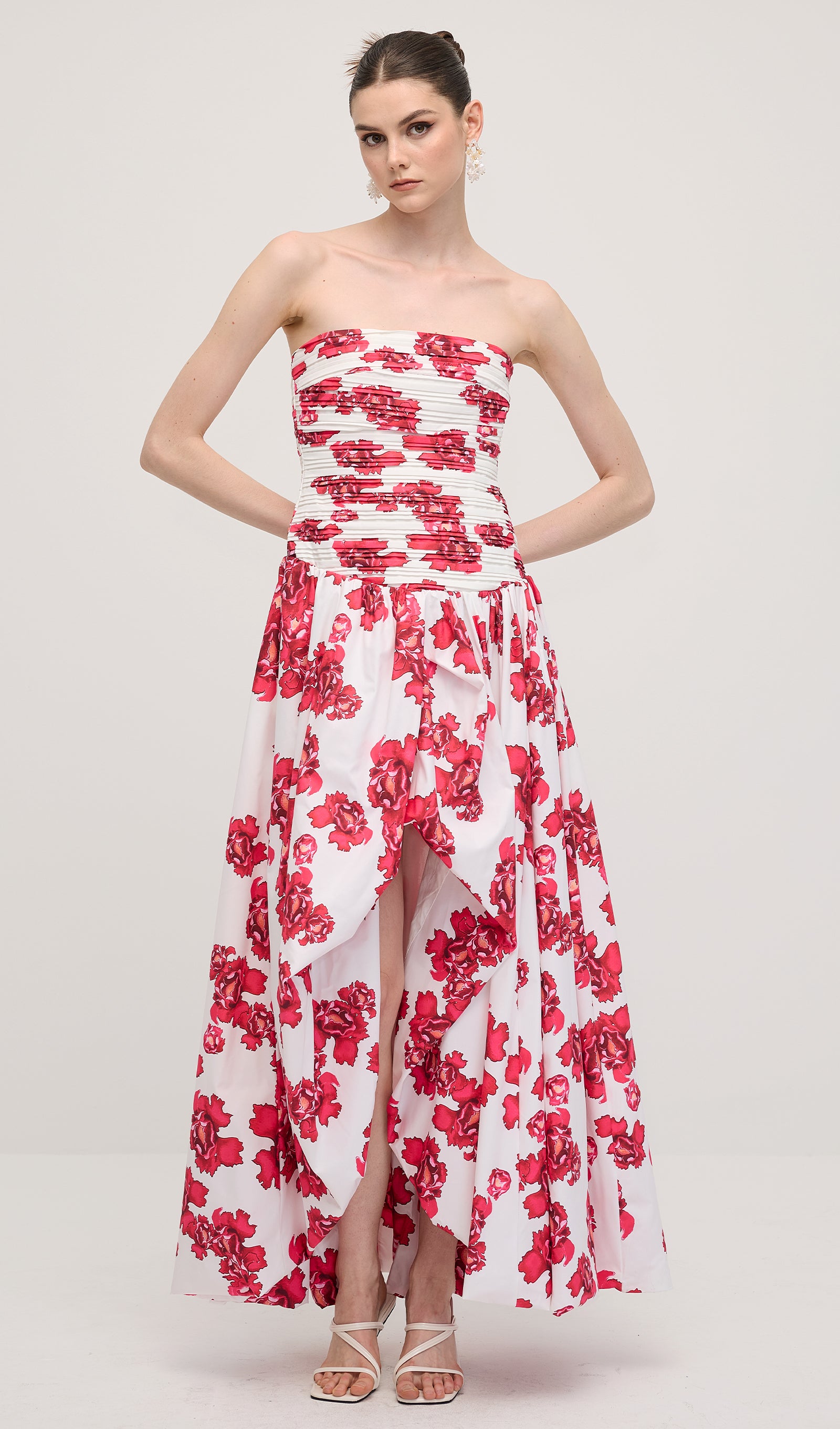 Sleeveless Ruched Draped Split Maxi Dress In Red Print