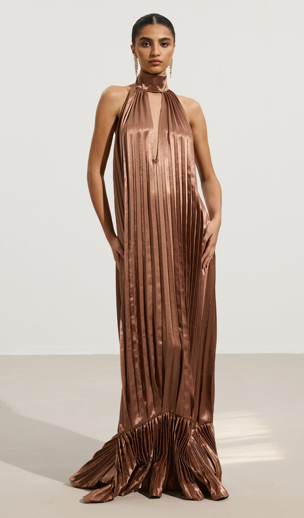 V Neckline Pleats Ruffled Maxi Dress