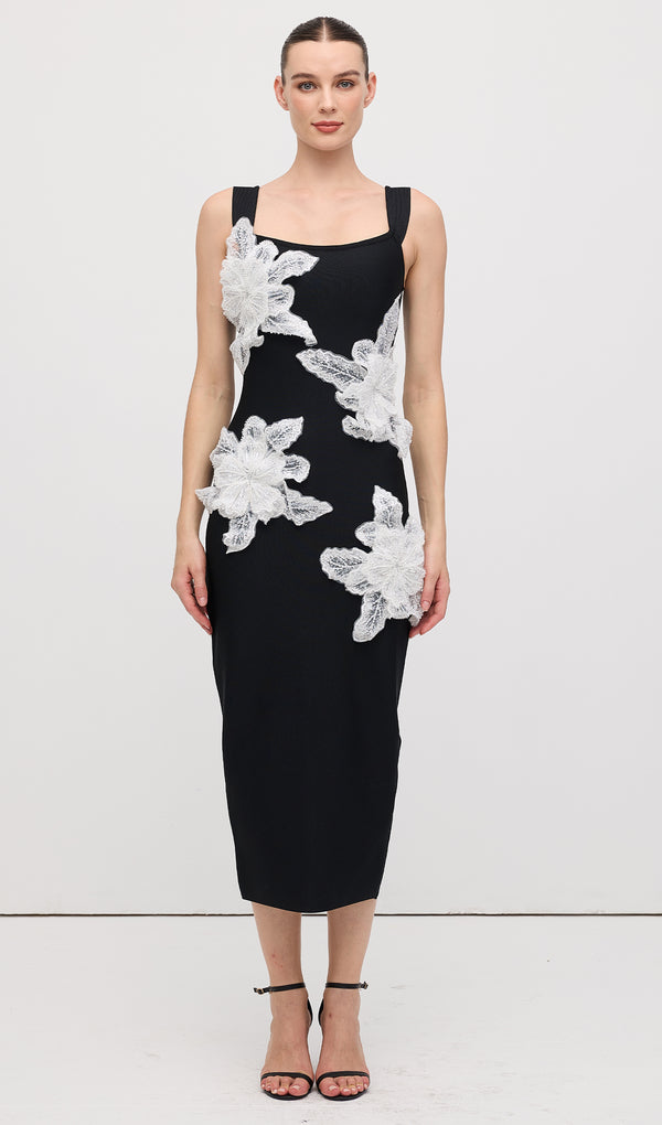 Sleeveless Diamond Flower Bandage Midi Dress