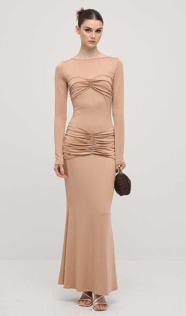 Slim Fit Plain Pleated Maxi Dress