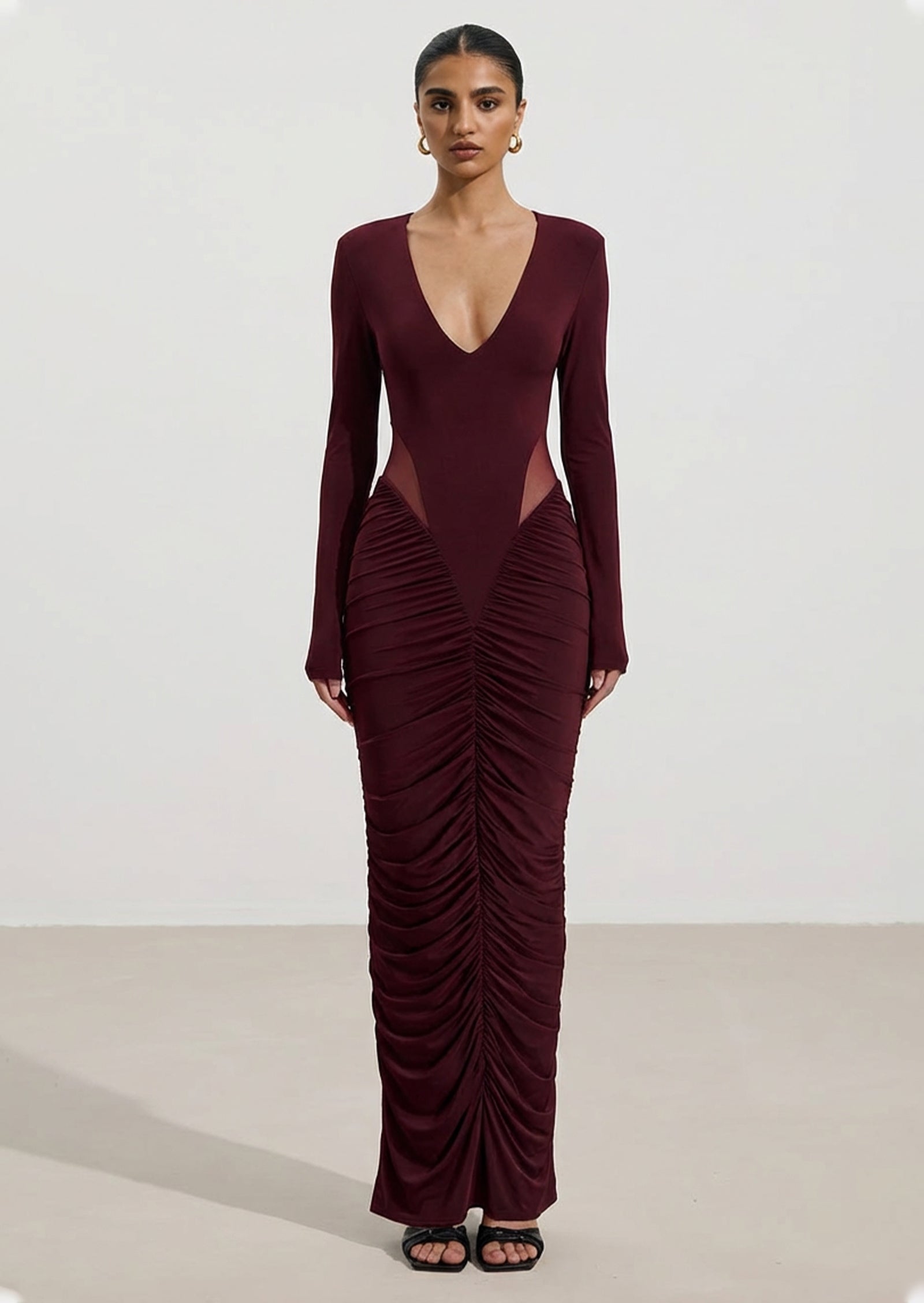 Slinky Long Sleeve Maxi Dress In Burgundy