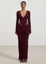Slinky Long Sleeve Maxi Dress In Burgundy