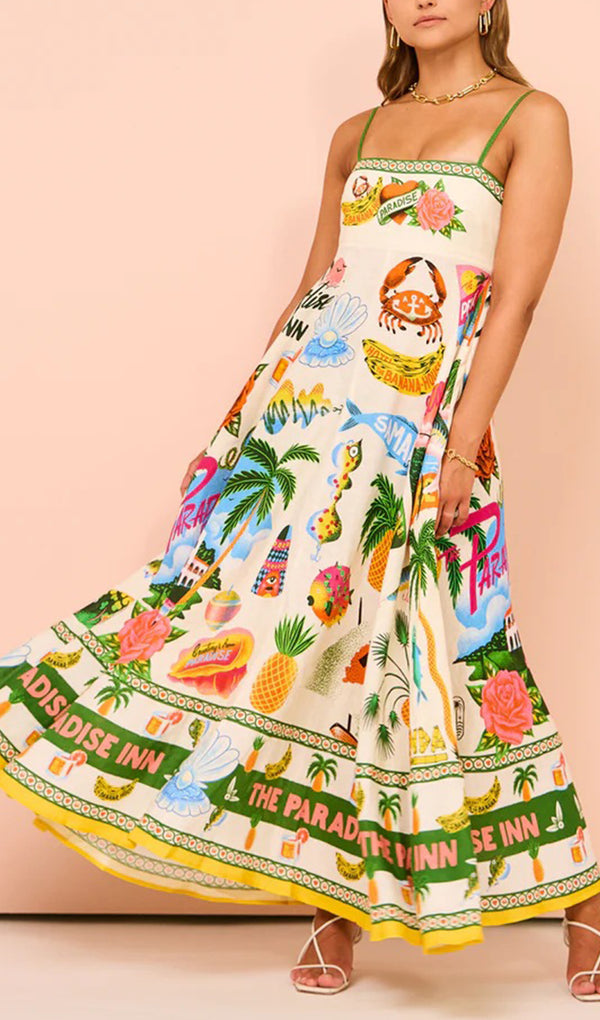 Tropical Elegance: Coconut Tree Printed Strap Skirt, Release Your Festive Spirit with Us. Tropical Elegance Long Dress, Perfect for Beach Vacation, Leisure Outing, or Just Relaxing in the Sun for a Day Featuring visually stunning coconut tree prints, let's spend a wonderful summer together.