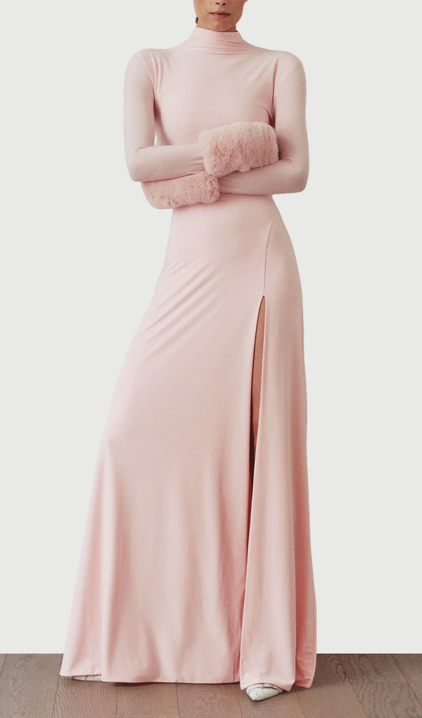 Slit Maxi Dress With Detachable Fur Details