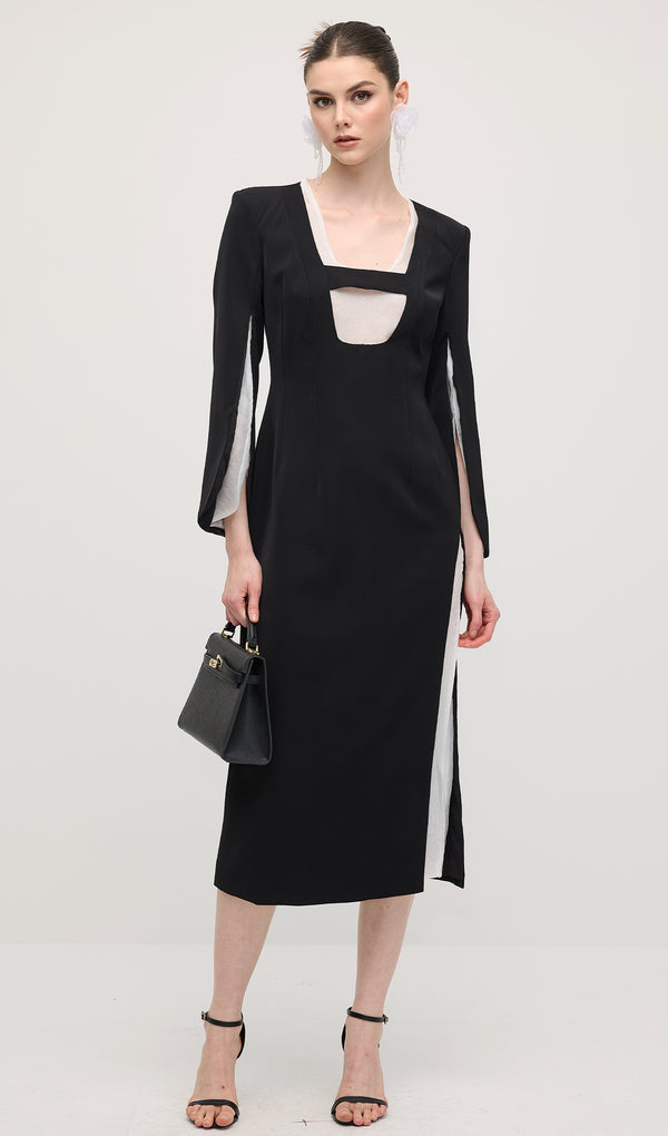 Slit Square Shoulder Midi Dress In Black