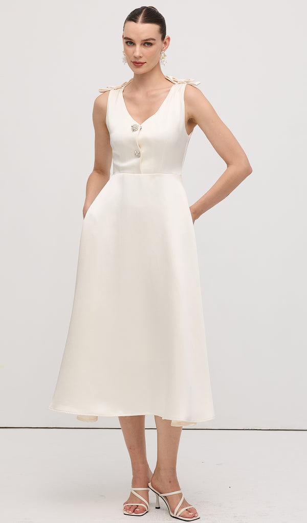 Solid Bow Shoulder Zircon Button Midi Dress