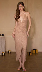 Solid Diamante Ruched Midi Dress