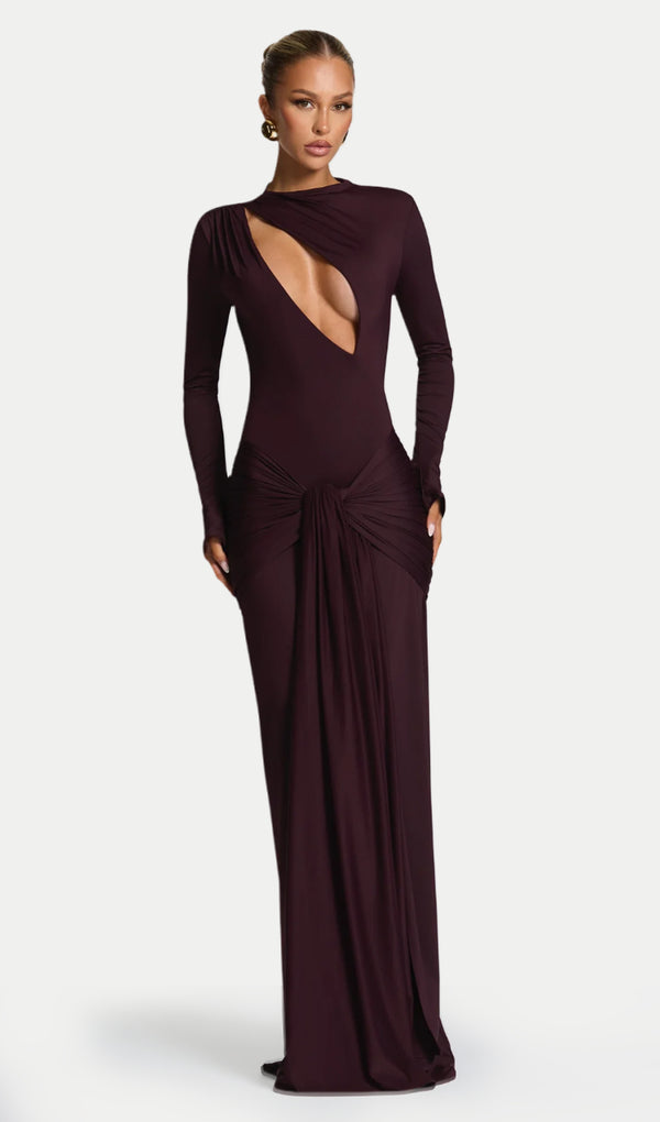 Solid Gathered Tie Cut-Out Maxi Dress