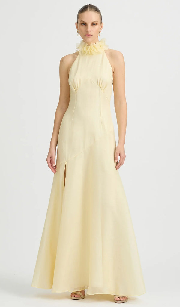 Solid High Neck Floral Appliqués Maxi Dress