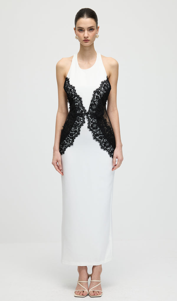 Solid Open Back Maxi Dress In Crepe & Lace