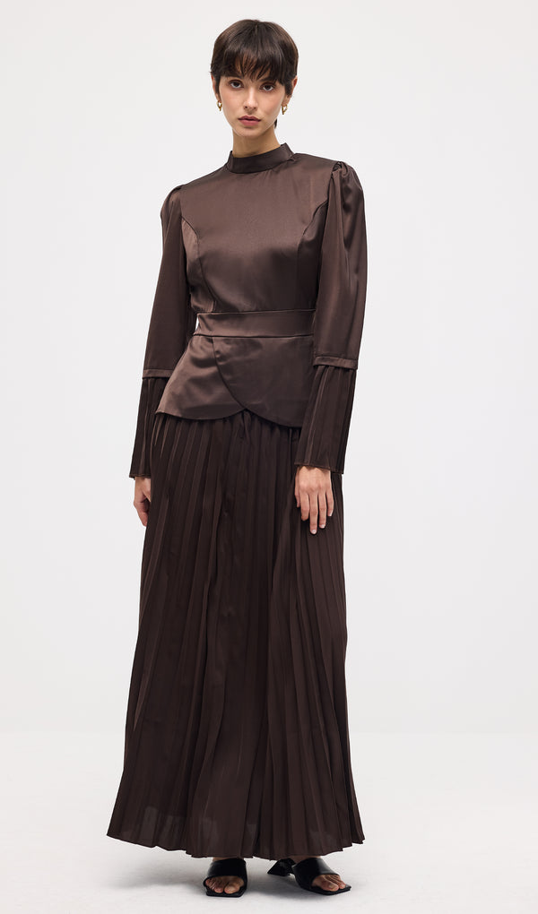 Solid Pleated Peplum Two Piece Set Maxi Skirt