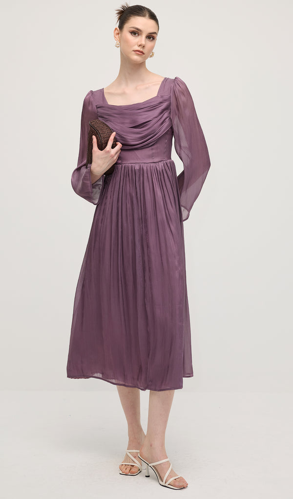 Solid Ruffled Long Sleeve Midi Dress