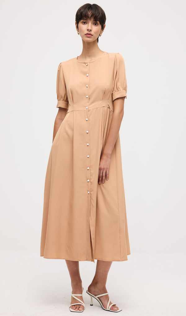 Solid Short Sleeve Button Midi Dress