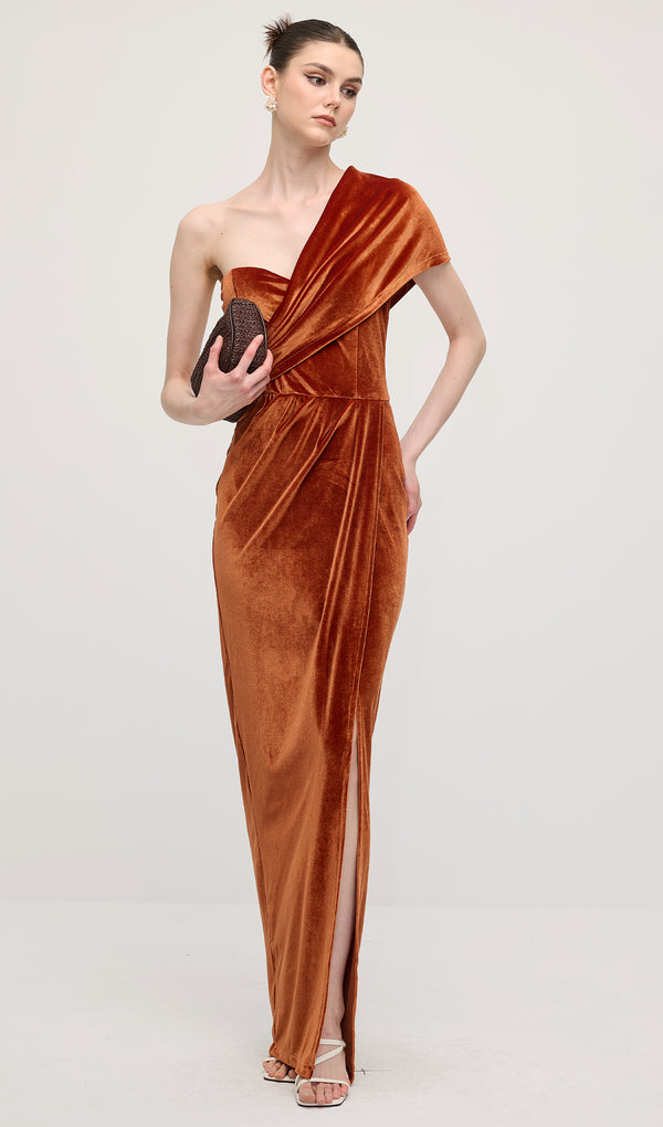 Solid Velvet One Shoulder Slit Maxi Dress