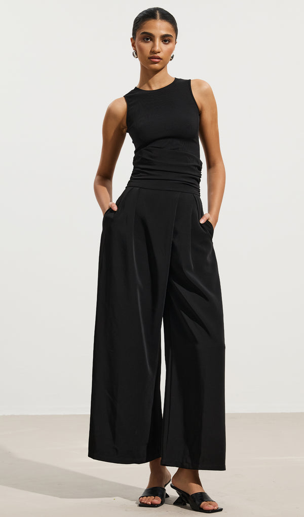 Solid Vest & High Waisted Pleated Trousers Set