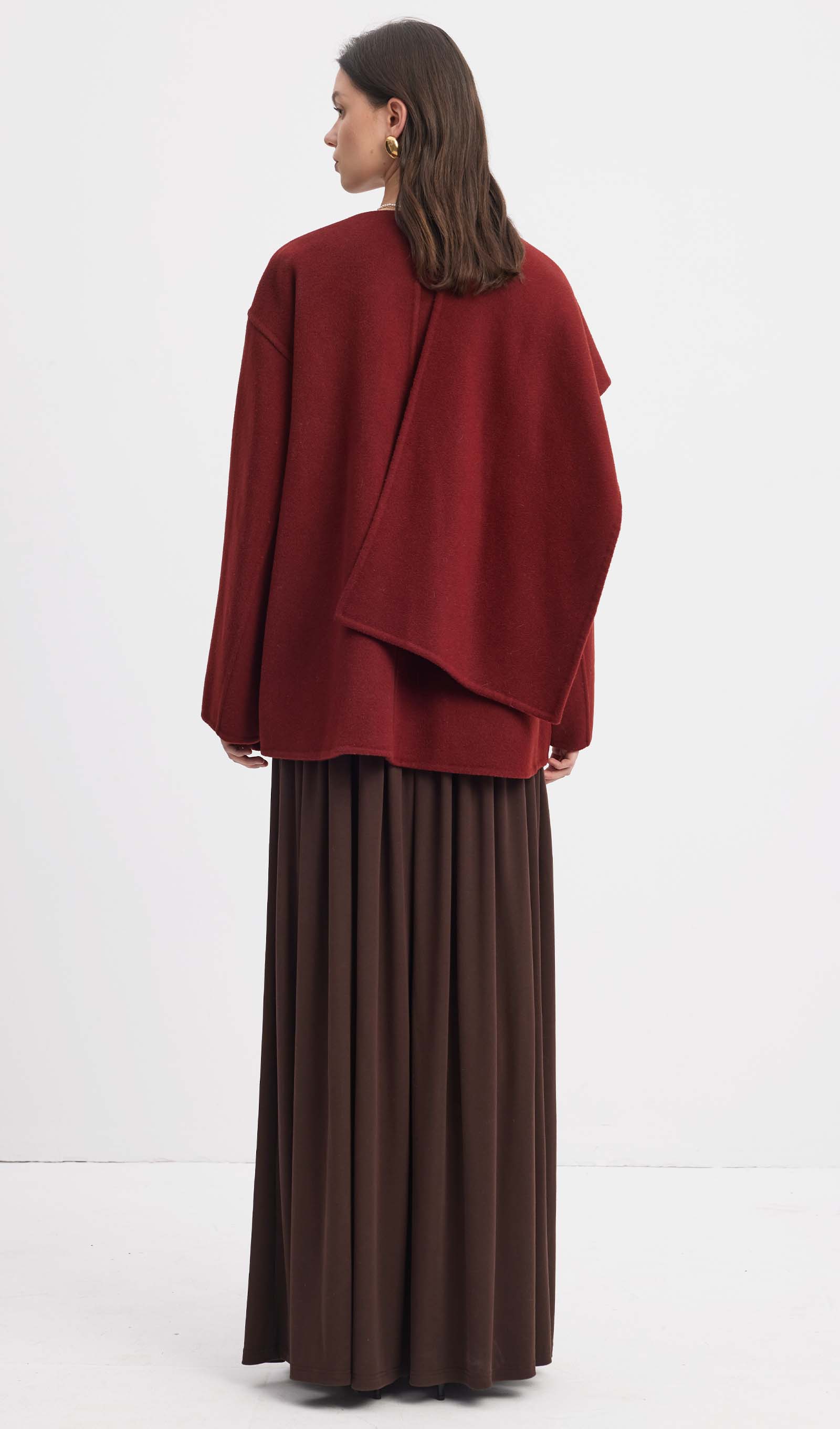 Solid Cape Style Coat-Wine Red