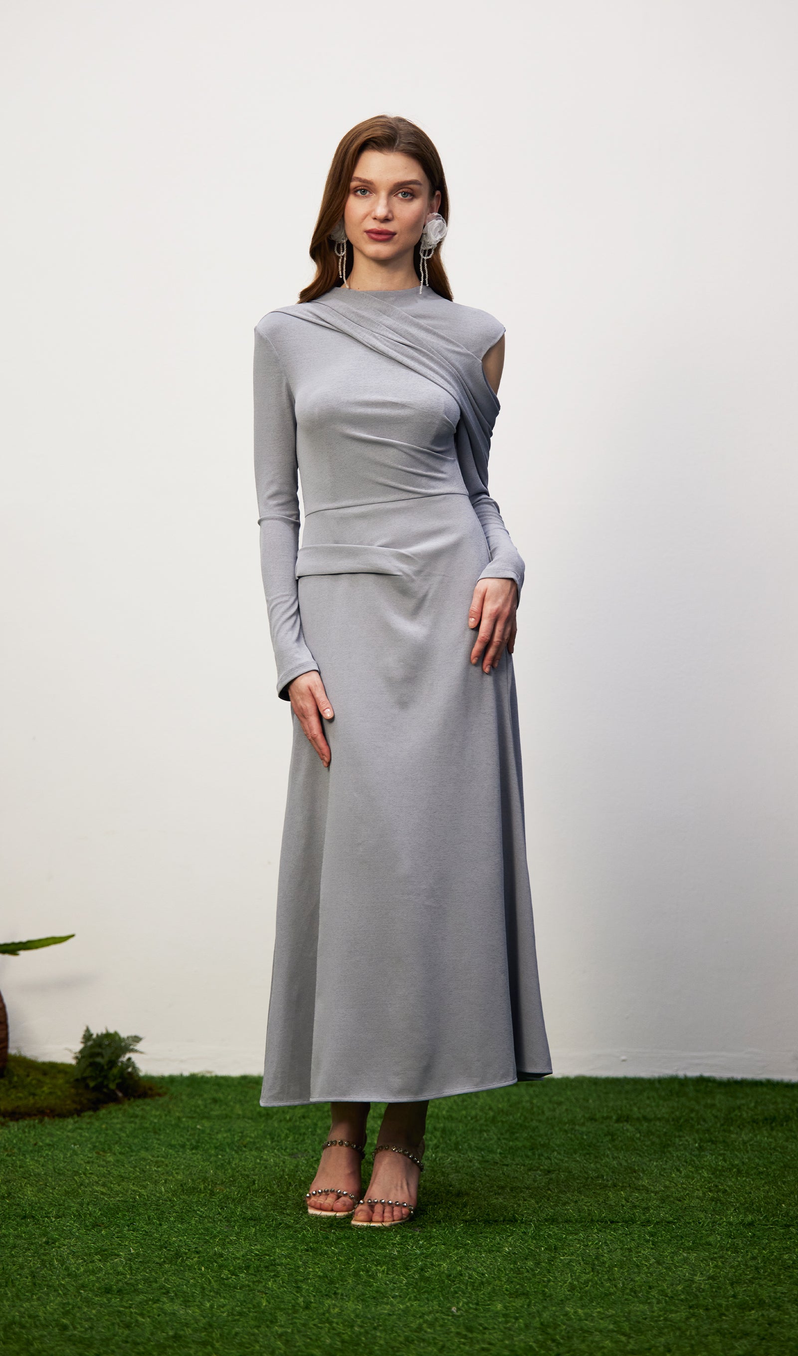 Midikleid in A-Linie mit Blumenmuster und Laternenärmeln