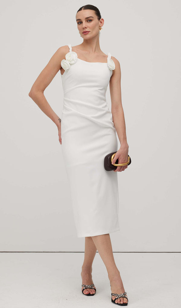 Solid Flower Sleeveless Midi Dress