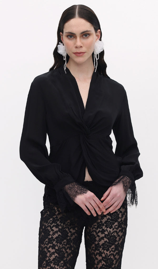 Solid Knot V Neck Blouse Top