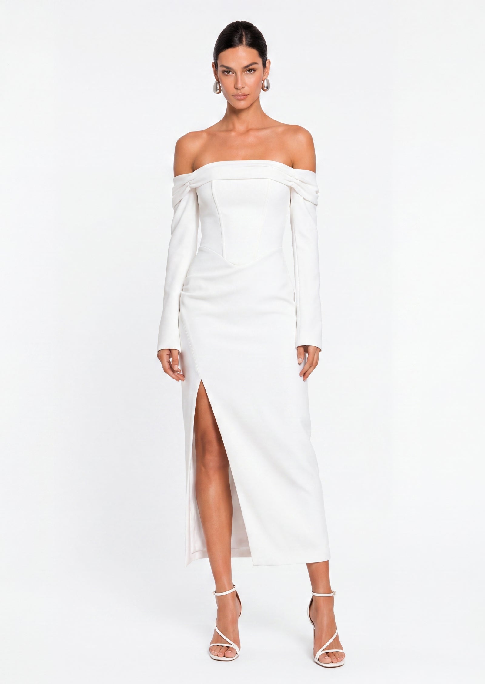Solid Open Shoulders And Slit Midi Dress