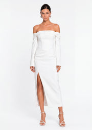Solid Open Shoulders And Slit Midi Dress