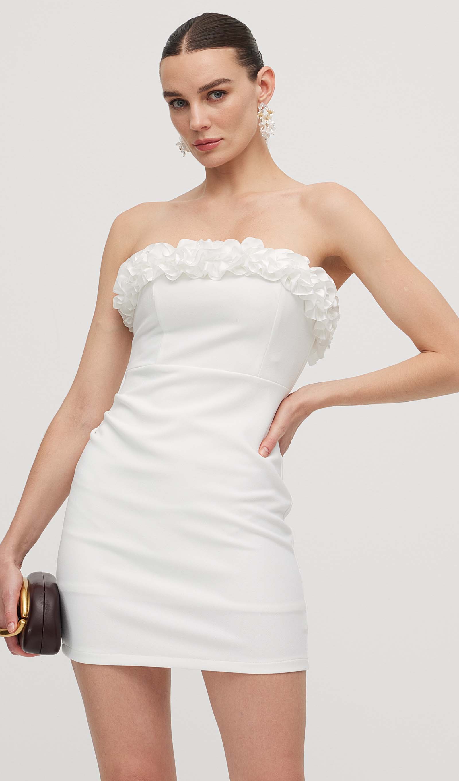 Minikleid mit 3D-Strassblumenmuster in Weiß