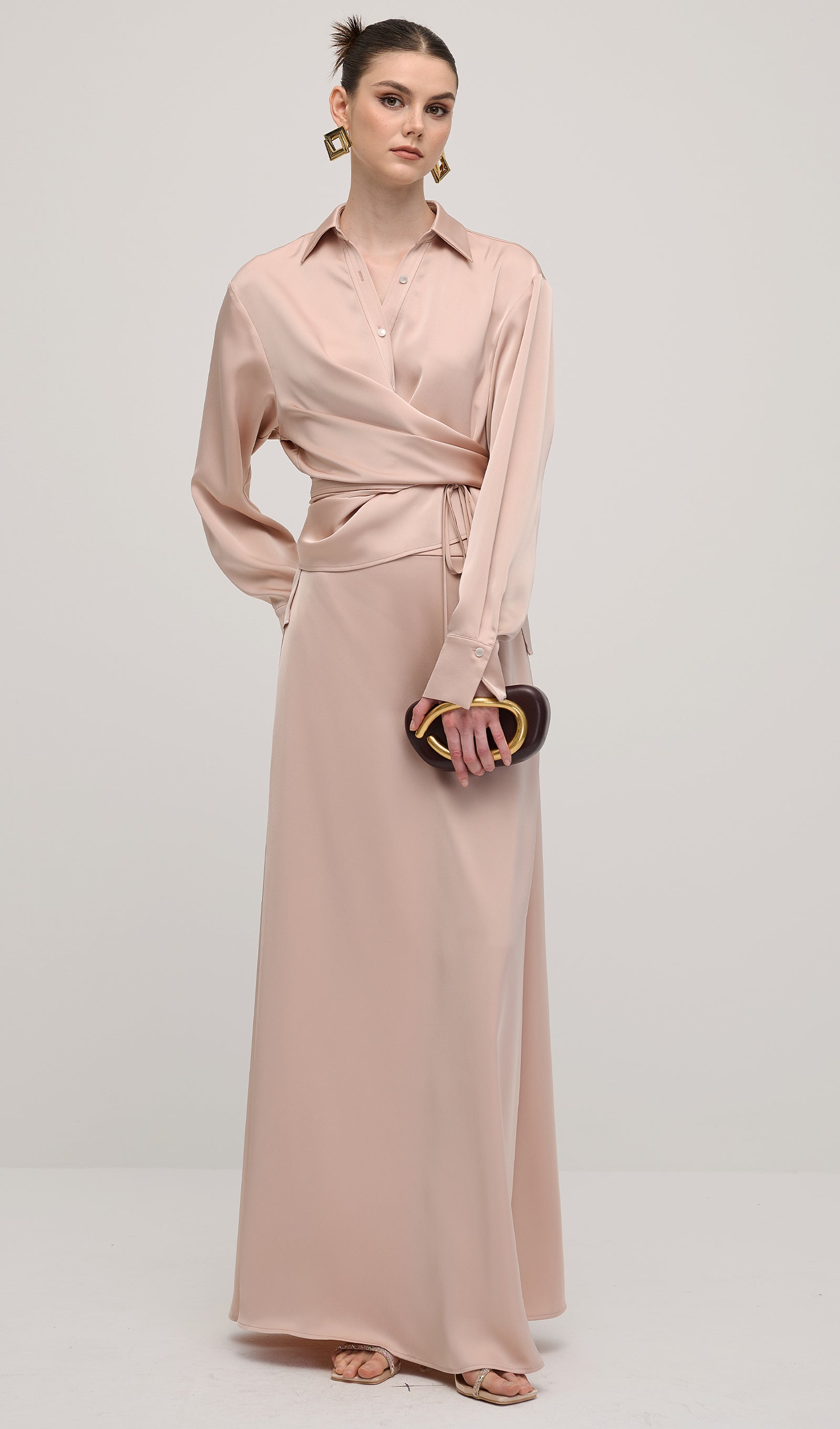 Solid Satin Shirt Maxi Dress Sets