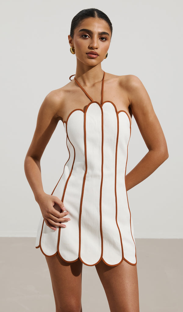 Solid Scalloped Linen Halter Mini Dress