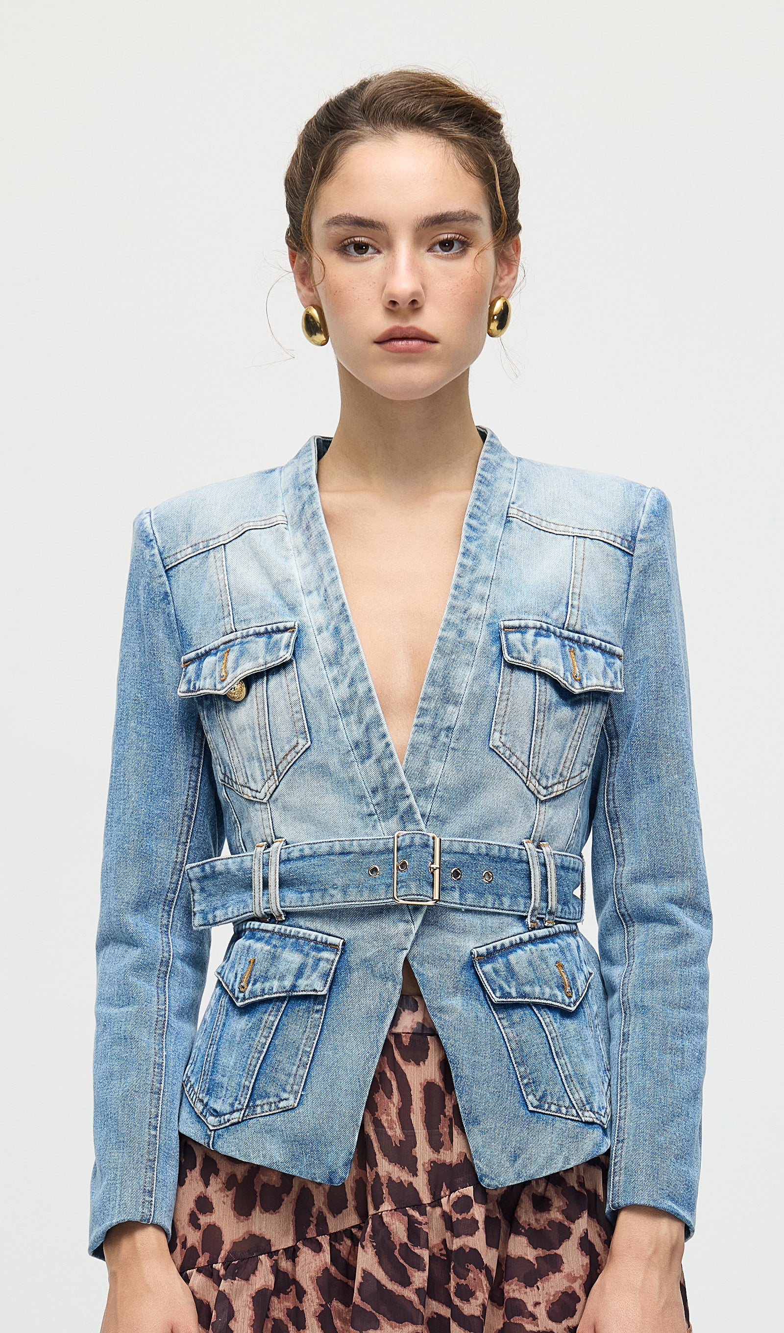 Solid V Neck Blue Denim Jacket With Belt