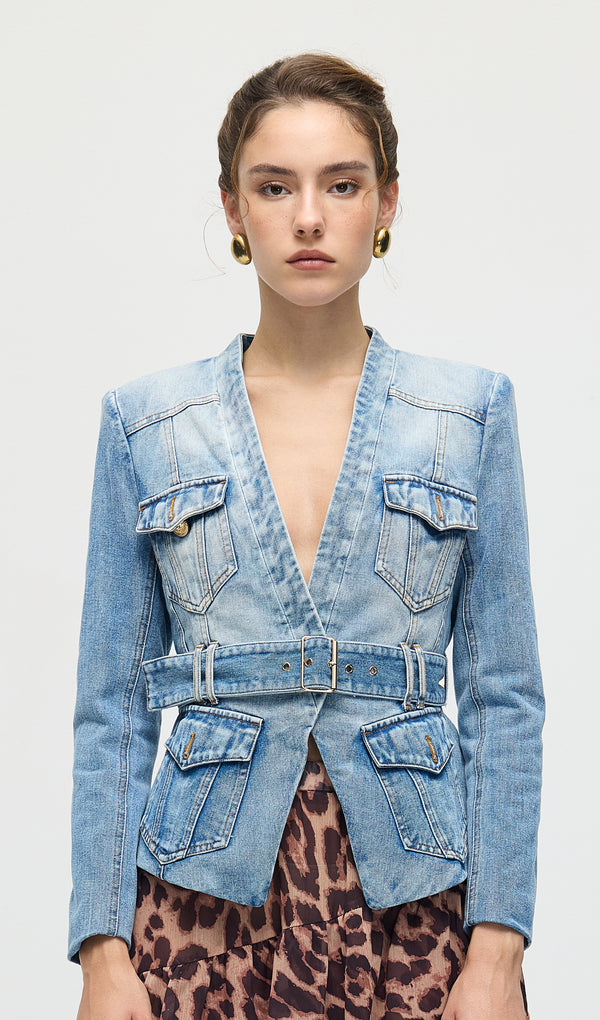 Solid V Neck Blue Denim Jacket With Belt