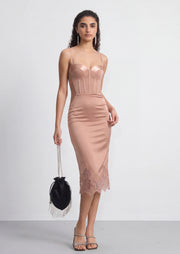 Tahlia Corset Fitted Midi Dress In Nude
