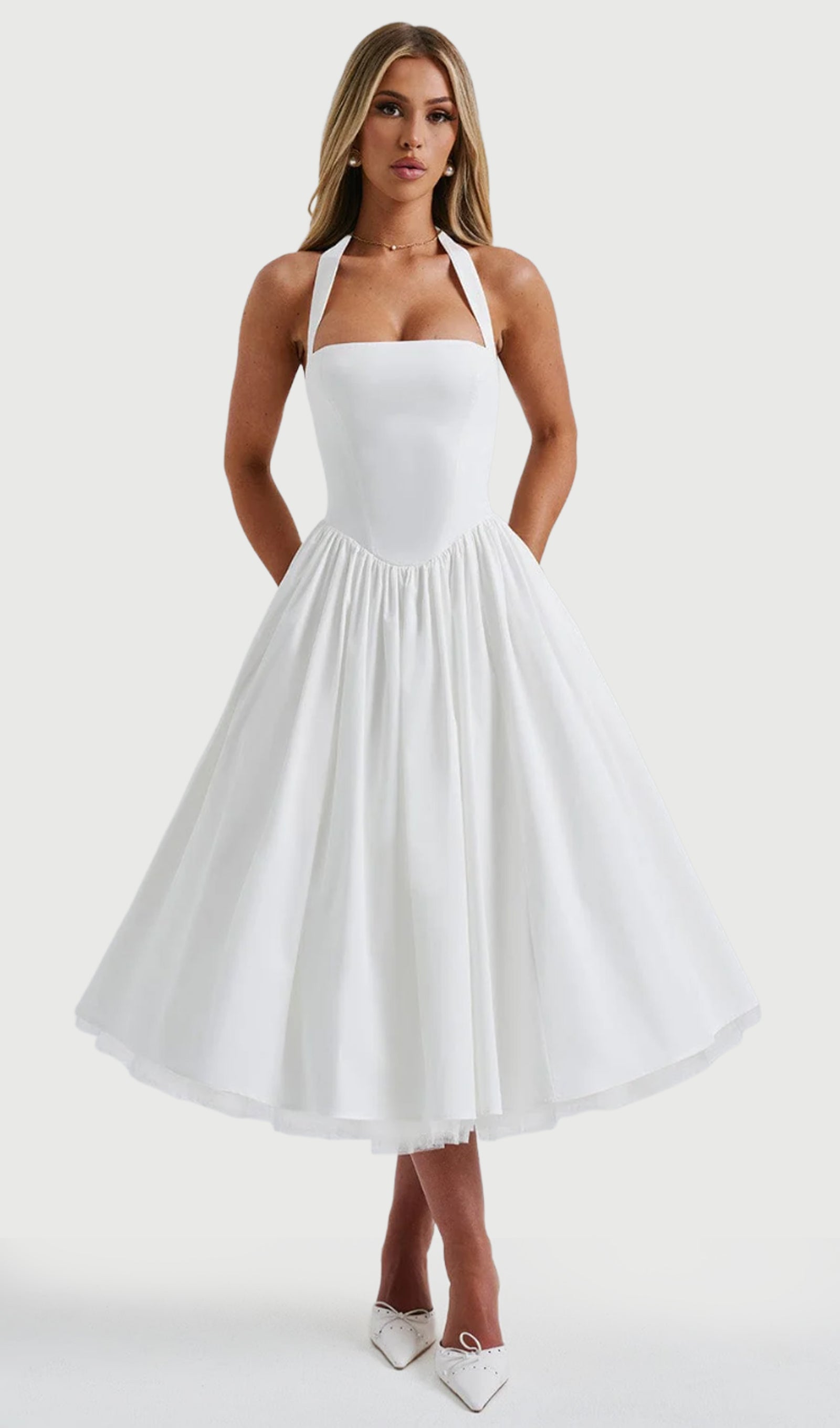 Square Halter Neckline Voluminous Midi Dress In Ivory