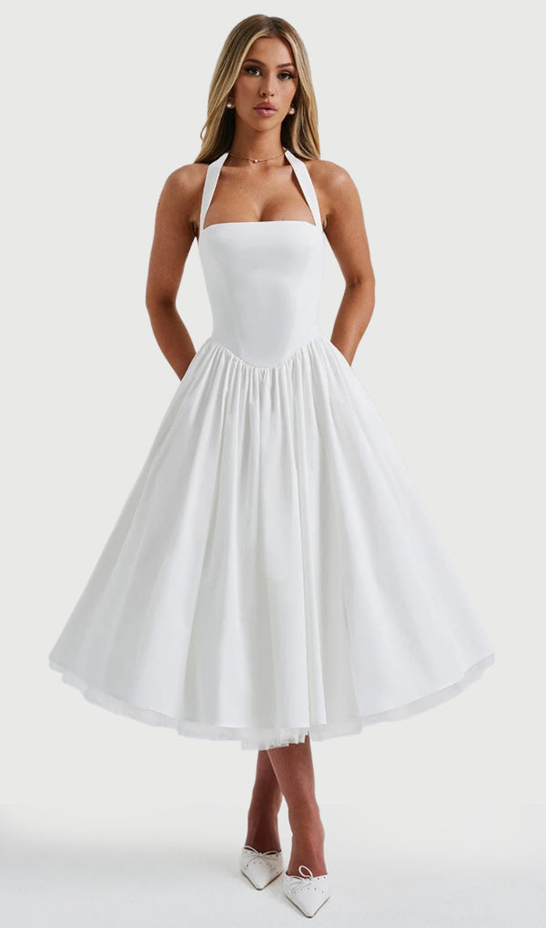 Square Halter Neckline Voluminous Midi Dress In Ivory
