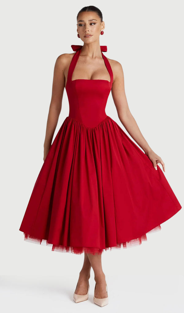 Square Halter Neckline Voluminous Midi Dress In Red
