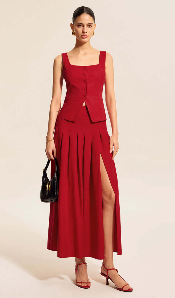 Square Neck Vest Top & Pleated Slit Skirt Set