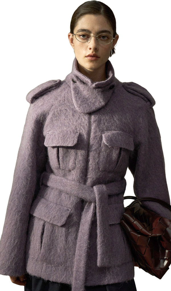Stand-Up Collar Fitted Wool Coat In Purple